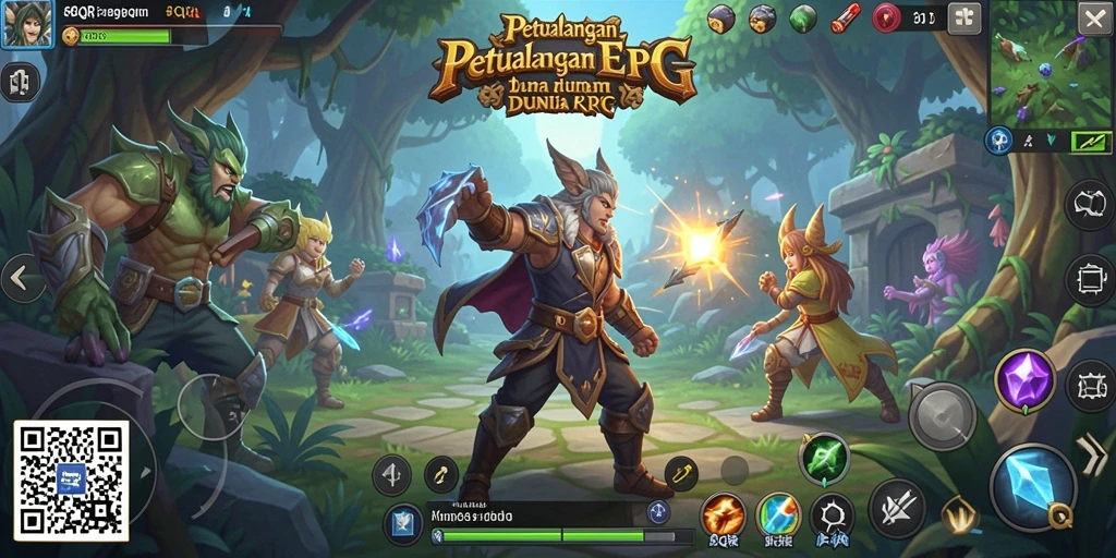 Screenshot utama gameplay 8QR menampilkan pertarungan epik dan dunia fantastis.