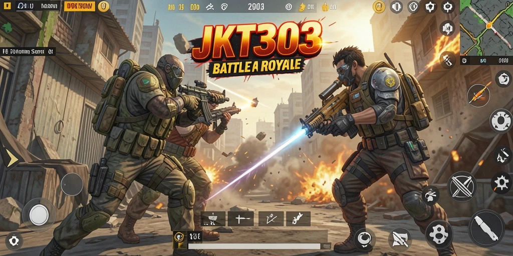 Tangkapan layar gameplay seru dari JKT303 yang menunjukkan aksi Battle Royale.