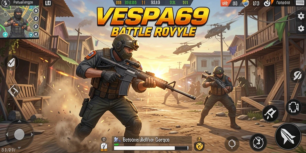 Screenshot utama VESPA69 menunjukkan aksi intens dan grafik Battle Royale yang memukau.